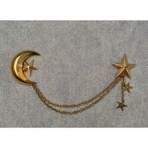 Vintage 50s Sweater Brooch 1950s Retro Moon & Stars Whimsigoth Gold Tone Pin